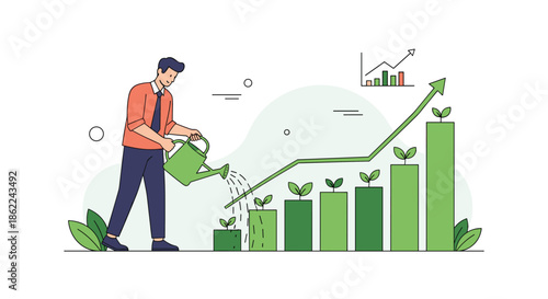 Dedicated businessman watering a rising bar chart of green plant sprouts to symbolize nurturing business growth and success.
