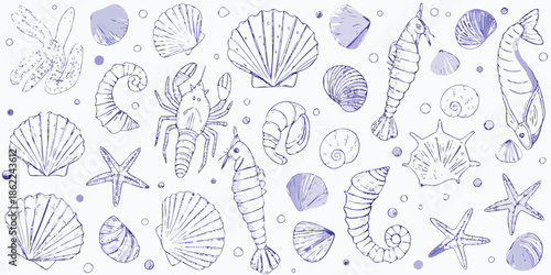 A whimsical collection of hand drawn marine life and seashells in blue tones