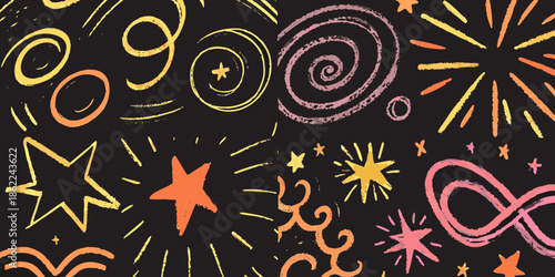 Colorful chalk drawing of stars spirals and abstract shapes on black background
