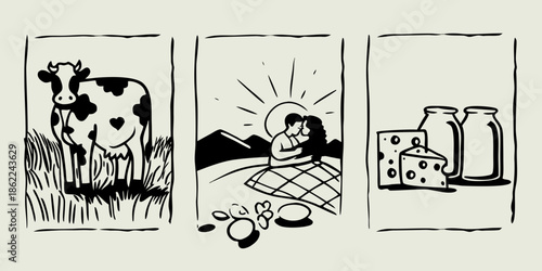 A charming illustration depicting a cow a picnic and dairy products