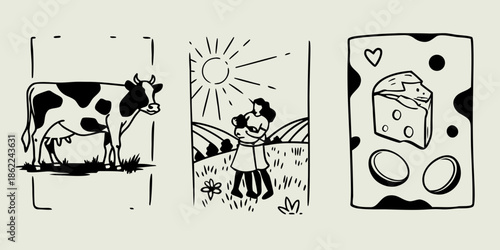 A charming illustration features a cow a farmer and a block of swiss cheese