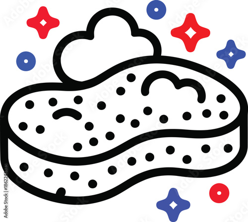Cartoon Cleaning Sponge Vector with Red and Blue Sparkles, Soapy Texture, and Bold Outline for Hygiene-Themed Graphic Projects.