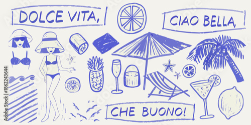 Blue sketch depicting italian summer vacation elements beach fruit and relaxation