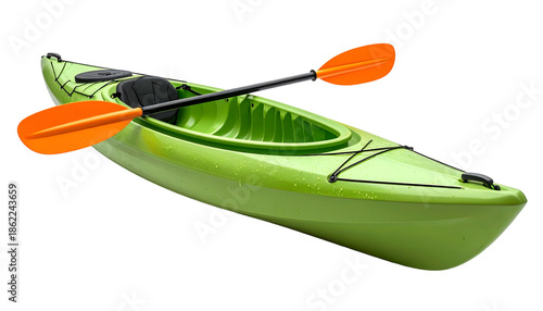 A bright green kayak with an orange paddle, isolated on a transparent background