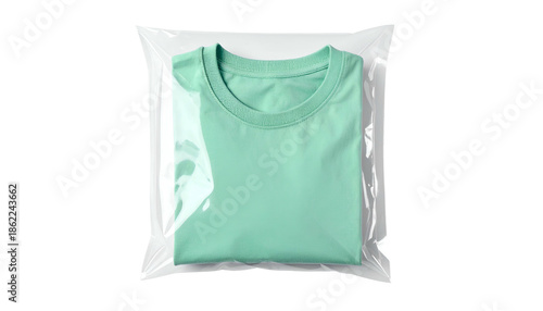A folded mint-green t-shirt is sealed inside a transparent plastic package