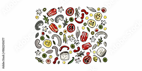 A colorful doodle of various pasta shapes and ingredients artfully arranged
