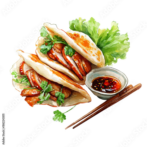 Peking Duck Pancakes, watercolor illustration, vector style, isolated on a white background.