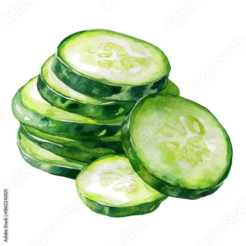 Watercolor painting of Zucchini Slices, vector illustration, isolated on white background.