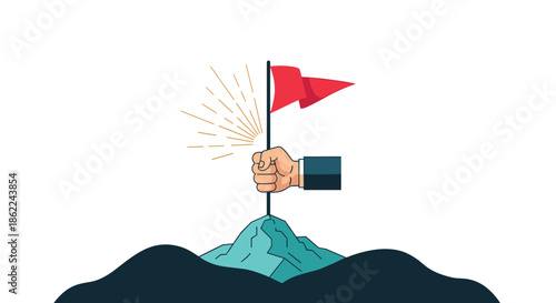 Close up of a hand in a suit planting a red flag on top of a mountain peak to celebrate a business achievement or goal.