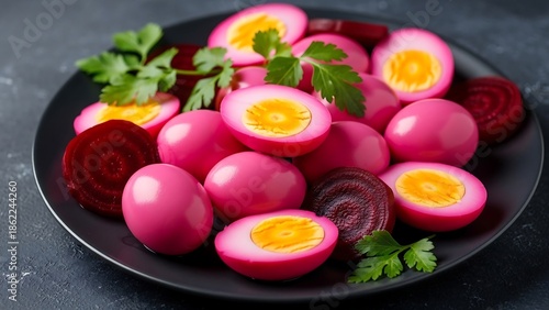 Pickled pink eggs on plate garnished.