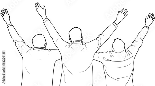 Three Men with Arms Raised in Celebration on White Background in Line Art