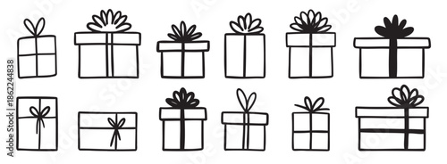 gift box doodle. Gift doodle bow present with ribbon illustration. Present hand drawn icon decorative outline element