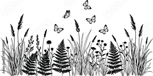Vector illustration set of black grass silhouettes and floral plant elements isolated on white for nature art design