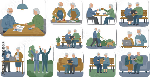 Active senior couple lifestyle illustrations showing elderly partners enjoying daily activities, technology, fitness, cooking, outdoor walks, teamwork, communication and healthy aging together in reti