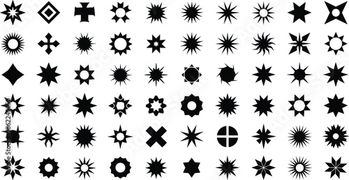 Collection of black and white geometric starburst and cross symbols arranged in a grid pattern
