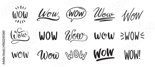 word WOW hand drawn lettering phrase or quote set. wow modern freehand style isolated on white background for print clipart.