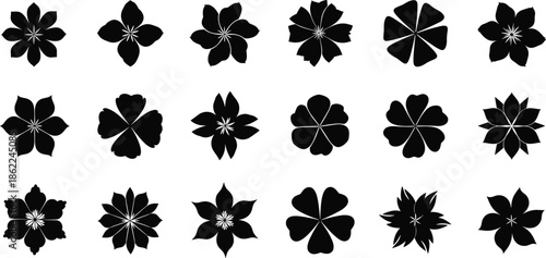 Collection of black and white stylized flower with white center details flowers petals