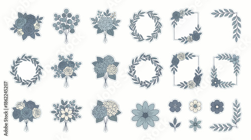 Vector icons Elegant Floral Wreath and Bouquet Collection in Muted Blue Tones. Vector Illustration. EPS Editable