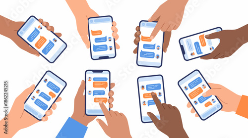 Vector icons Multiple Hands Holding Smartphones Displaying Text Message Conversations. Vector Illustration. EPS Editable