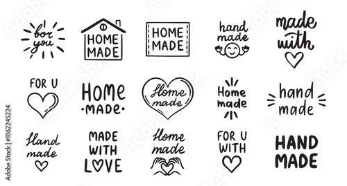 vintage old style hand made and made with love labels writings set. Hand drawn doodle outline drawing hand made line clipart symbol