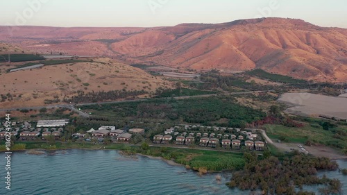 Aerial view of the Setai Hotel located on the shore of the Sea of ​​Galilee, Tsa'alon Beach near Ein Gev