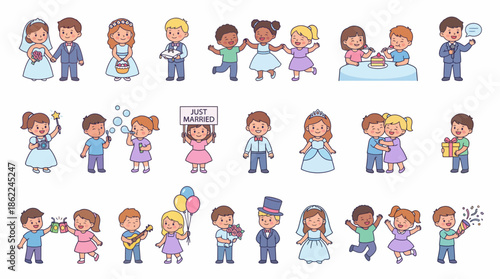 Vector icons Collection of Cute Cartoon Wedding and Celebration Illustrations. Vector Illustration. EPS Editable
