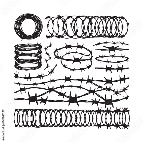 Collection of various barbed wire illustrations and symbols
