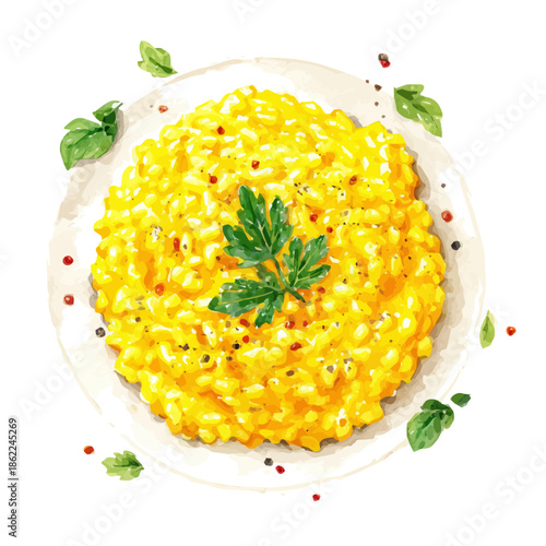 Risotto Milanese in watercolor style, vector illustration, isolated on white background.