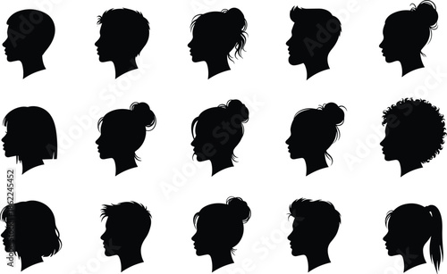 Silhouettes of Women with Different Hairstyles in Profile View black and white