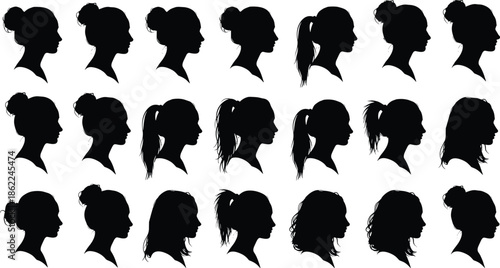 Silhouettes of women with various hairstyles in profile view black and white