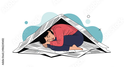 Homeless man curled up and sleeping on a pile of newspapers used as a makeshift shelter against a blue background.