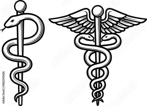 Two black and white medical caduceus symbols with snakes and wings medical symbol