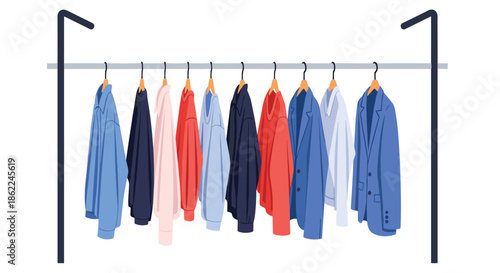 Variety of colorful jackets, shirts, and hoodies hanging neatly on a modern black metal clothes rack on white background.