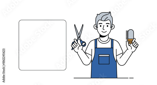 Friendly male barber in a blue apron holding professional scissors and a hairbrush standing next to a blank white square.