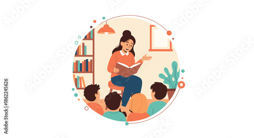 Female teacher sitting on a stool and reading an interesting book to a group of attentive young children in a library.
