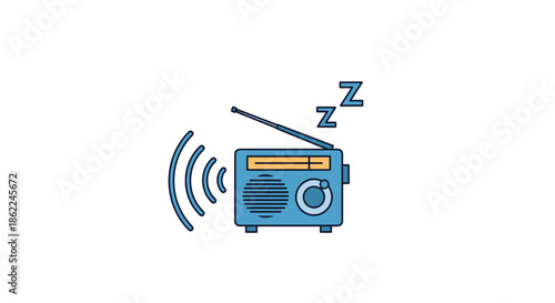 Simple blue vintage style radio receiver with an antenna emitting sound waves and sleeping symbols on white background.