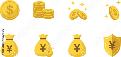 Yellow coins and bags of money with dollar and yen symbols