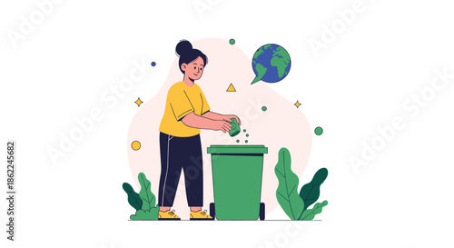 Young woman in a yellow shirt responsibly disposing of waste into a green recycling bin with Earth and plant icons.