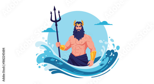 Powerful illustration of Poseidon holding his trident while standing amidst crashing blue ocean waves under a clear sky for mythological themes.