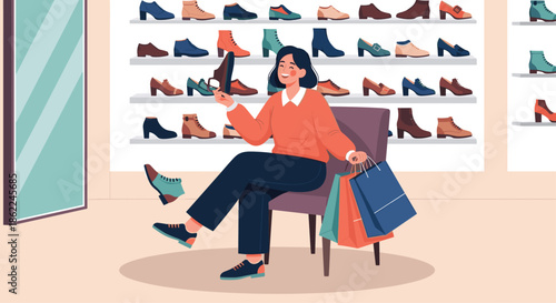 Young happy woman sitting in a stylish shoe store surrounded by various footwear while holding shopping bags and trying on a new pair of boots.