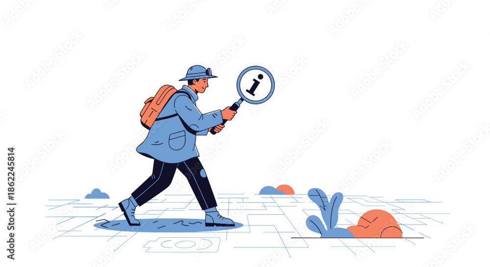 Fototapeta premium Curious explorer wearing a hat and backpack walking across a digital grid while looking through a magnifying glass with an information icon symbol.