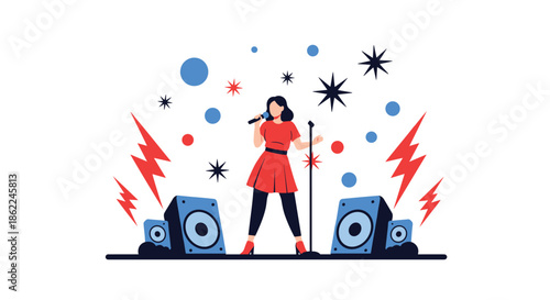 Talented female singer performing on stage with a microphone and speakers surrounded by musical stars and energetic lightning bolt graphic elements.