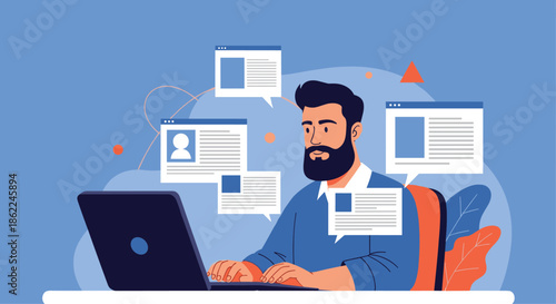 Heartwarming illustration of a young boy smiling and hugging his pet cat with colorful leaves and abstract shapes in the soft light background.