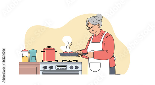 Happy elderly woman wearing a white apron prepares a healthy meal by frying food on a modern kitchen gas stove top.