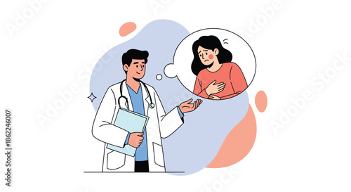 Professional male doctor explains medical symptoms to a concerned female patient experiencing chest pain or discomfort.