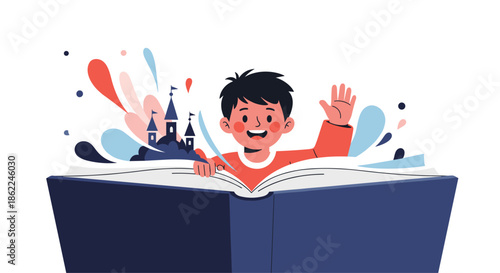 Excited young boy explores a magical world through a giant pop-up storybook featuring a fantasy castle illustration.