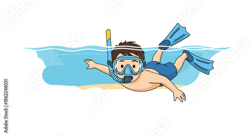Young boy wearing a blue snorkel mask and flippers swims underwater in a clear ocean while exploring marine life.