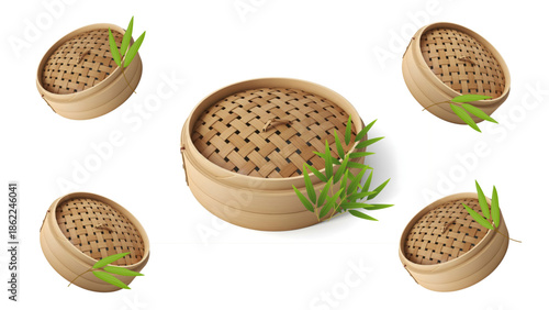 A collection of natural bamboo steamers, traditionally used for cooking delicious Asian dim sum and other steamed dishes, beautifully arranged on a clean background