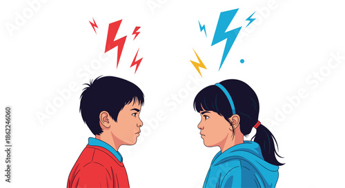 Angry young boy and girl facing each other with lightning bolts symbolize a conflict or disagreement between siblings.