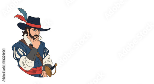 Thoughtful historical musketeer character in a traditional blue outfit and feathered hat contemplates a serious decision.